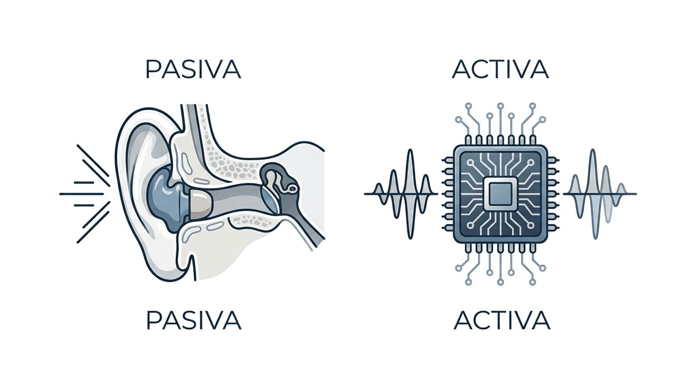 Diagrama comparativo que muestra la diferencia entre cancelación de ruido pasiva y activa en audífonos.